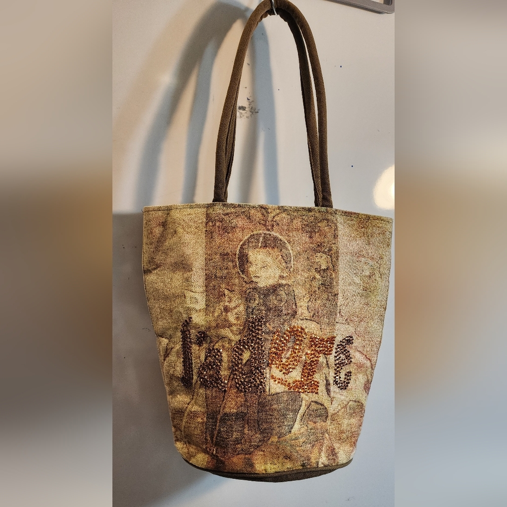 Vintage Brown Printed Tote with Beaded Accents